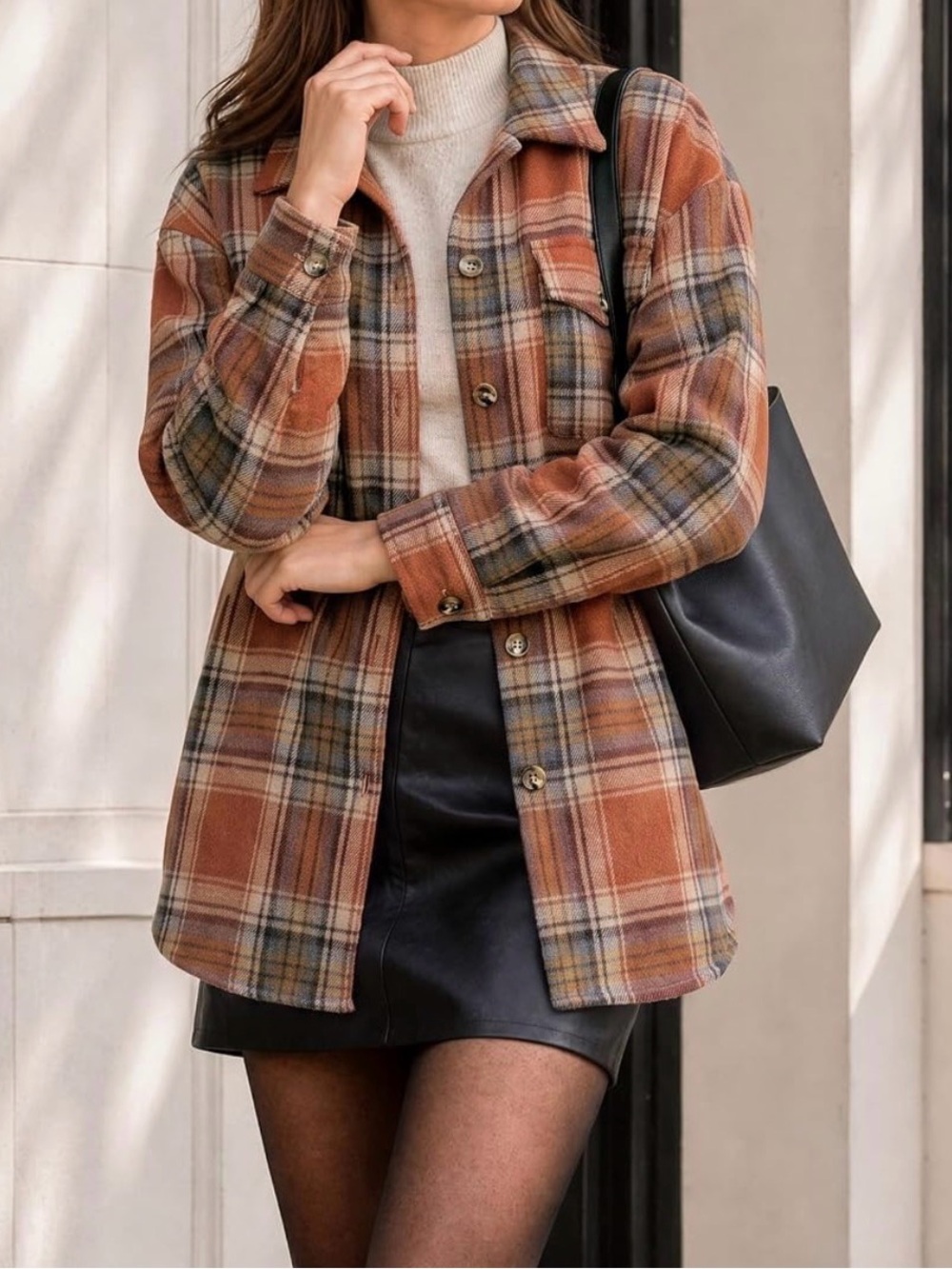 Plaid Button-Up Shacket Jacket in Rust Multi - Picture 6 of 8
